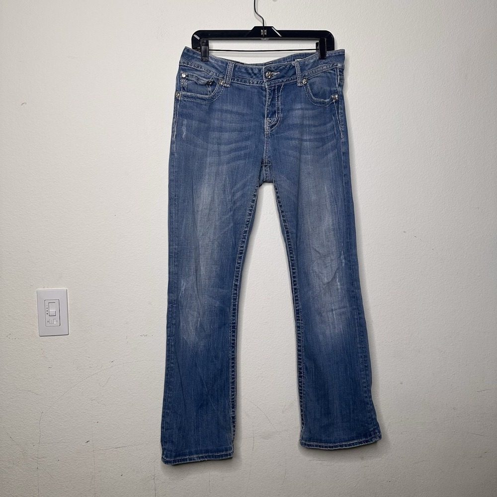 Buckle Miss Me Easy Boot Jeans Womens 31 Blue Mid Rise Embroidered Flap Pockets